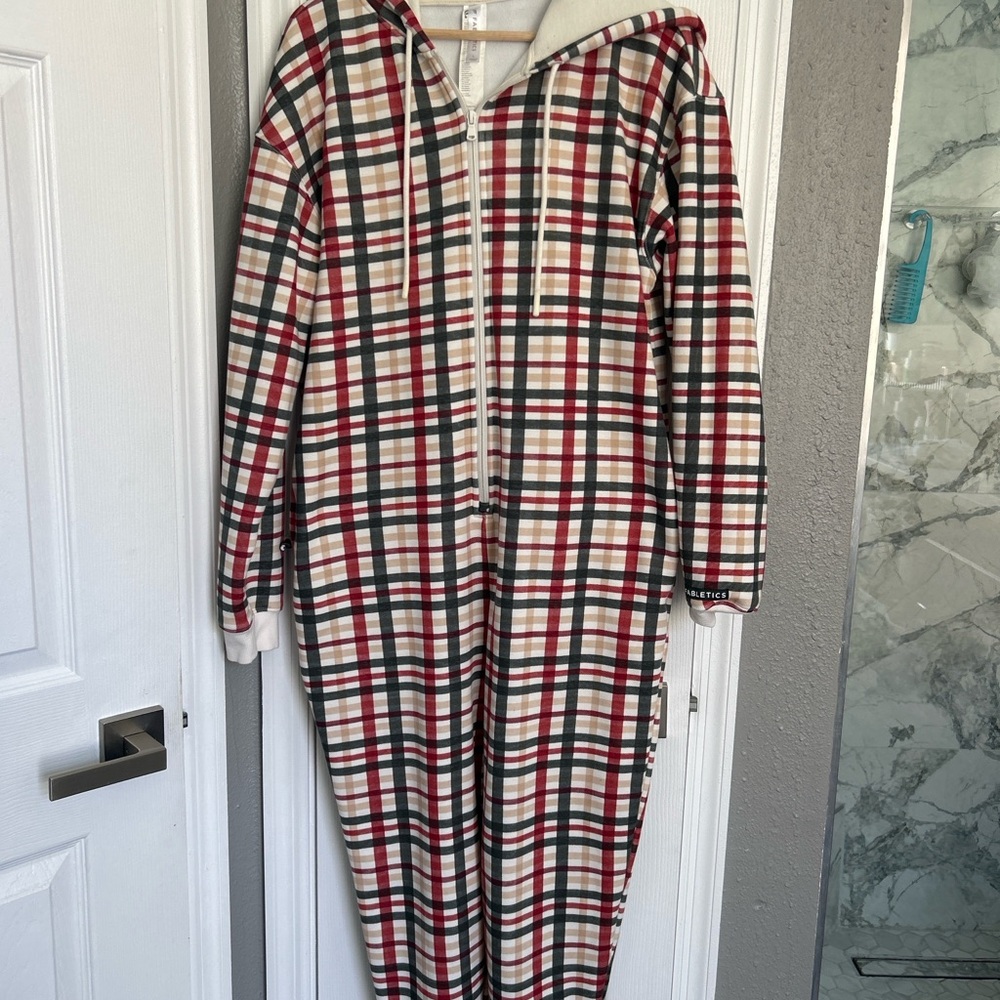 Fabletics Plaid Hooded Onesie Pajama - Red, Green, Cream